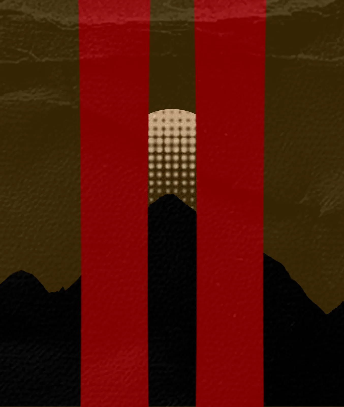 Ski poster: a sun setting between two red skis behind dark mountains